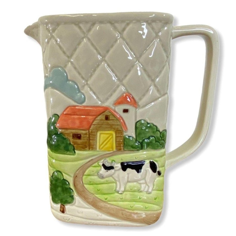 OTAGIRI 1982 Hand Crafted Japan Ceramic Pitcher Farmhouse Scene Cow Barn